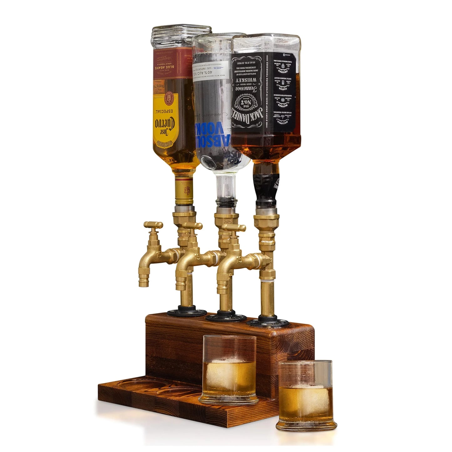 Whiskey Wood Dispenser Wood Alcohol Liquor Dispenser Solid Base Real Brass, Leakproof Smooth Pouring Dispenser for Home Bar Gift