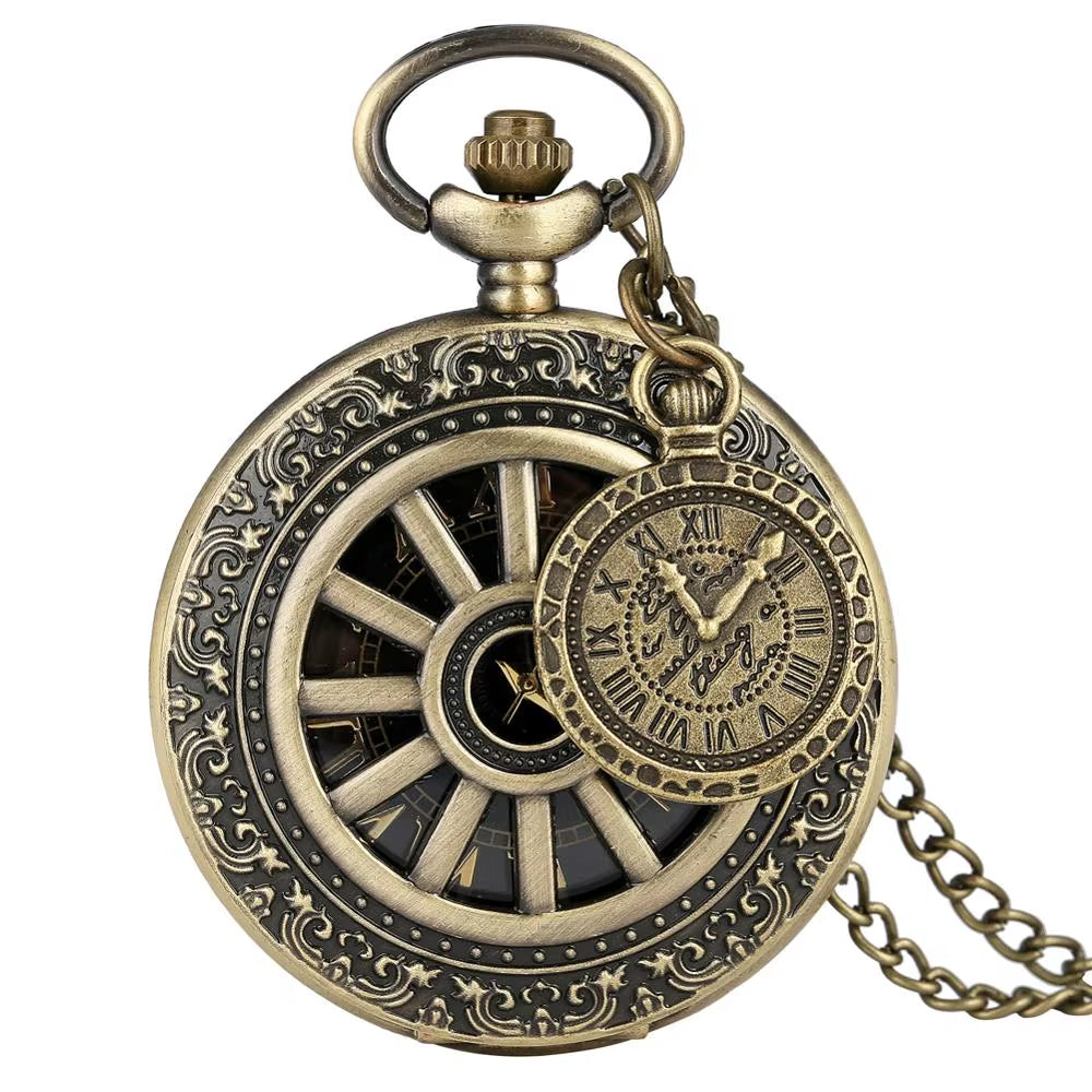Vintage Antique Copper Steampunk Bronze Hollow Gear Quartz Pocket Watch Necklace Pendant Clock Chain Men Women with Accessory