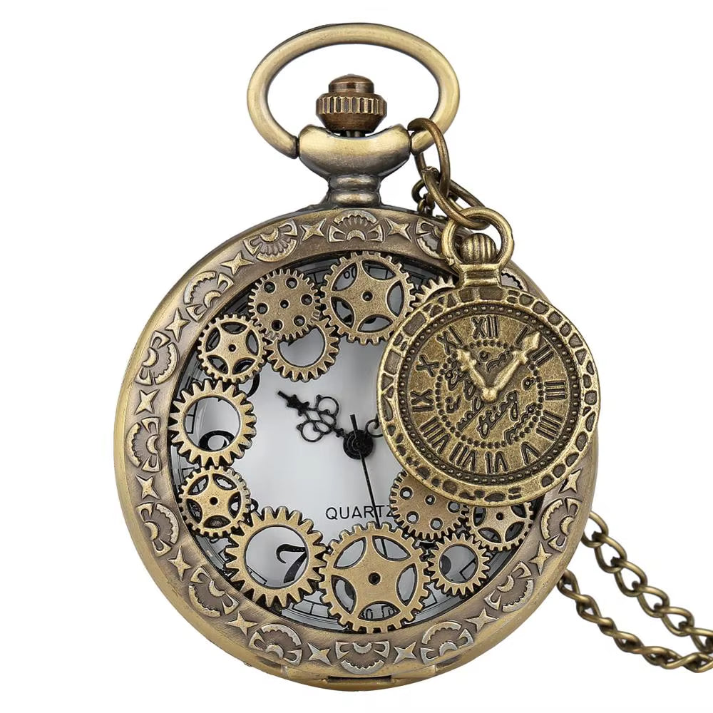 Vintage Antique Copper Steampunk Bronze Hollow Gear Quartz Pocket Watch Necklace Pendant Clock Chain Men Women with Accessory