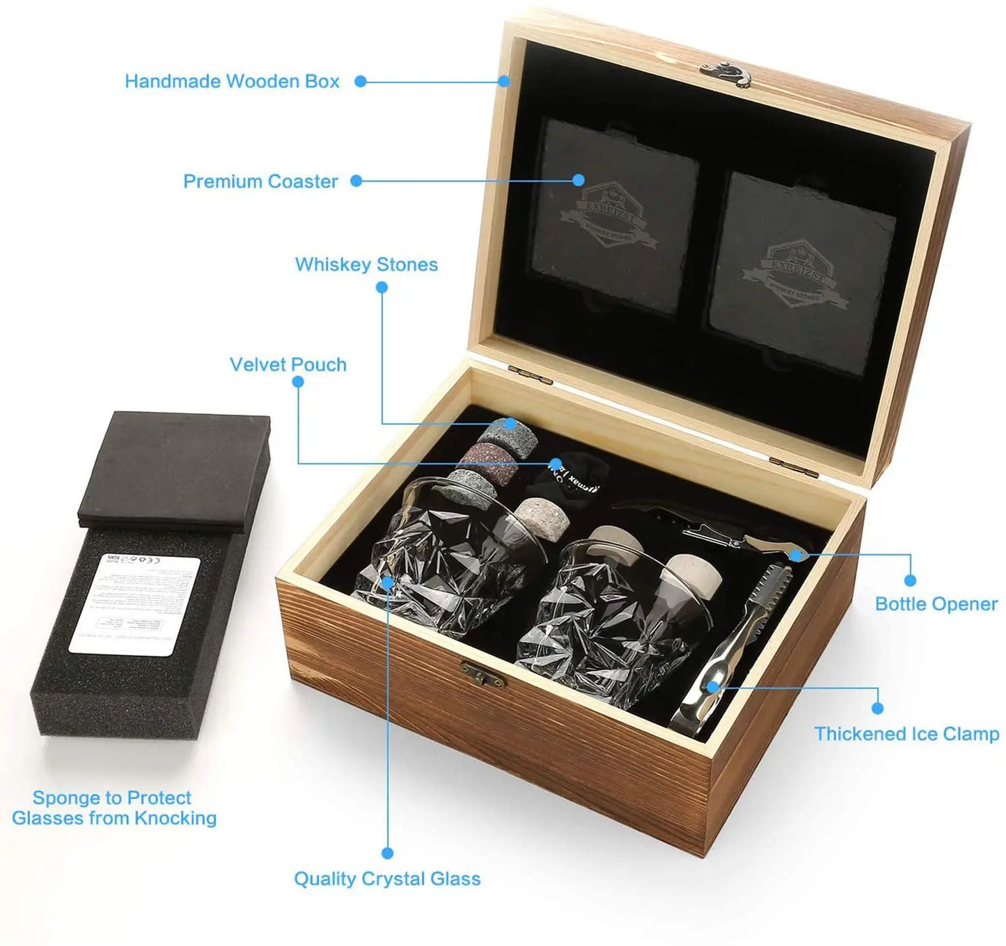 Whiskey Stones & Glasses Set, Granite Ice Cube for Whisky, Whisky Chilling Rocks in Wooden Box, Best Gift for Dad Husband Men