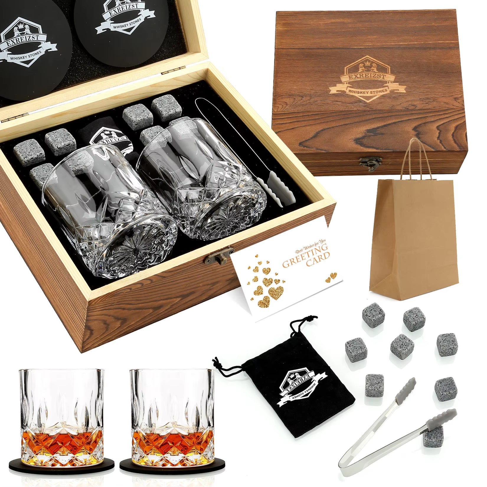 Whiskey Stones & Glasses Set, Granite Ice Cube for Whisky, Whisky Chilling Rocks in Wooden Box, Best Gift for Dad Husband Men