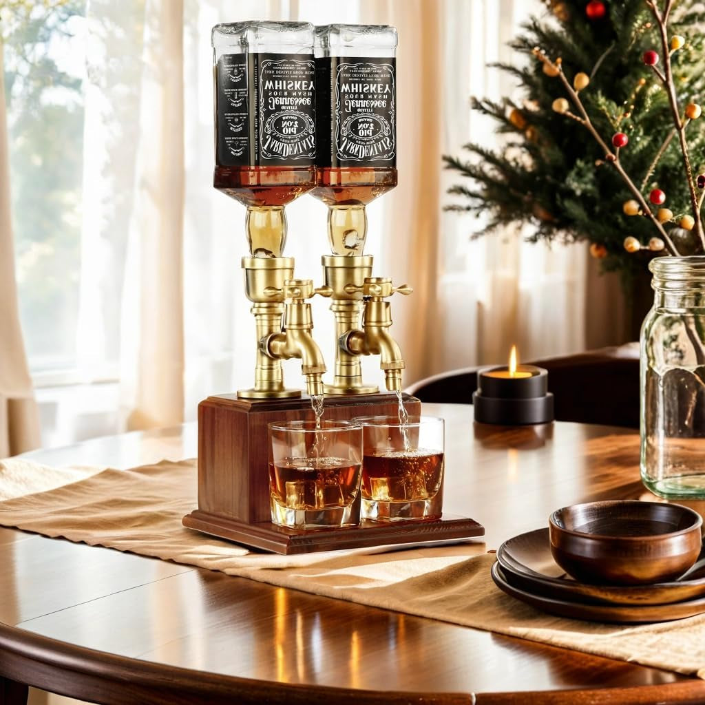 Drink Dispenser for Parties Bar Accessories Gifts for Husband Dad Man Cave Decor for Whiskey Lovers with Brass Tube &Wooden Base Suitable for Rum/Bourbon-2 Bottle