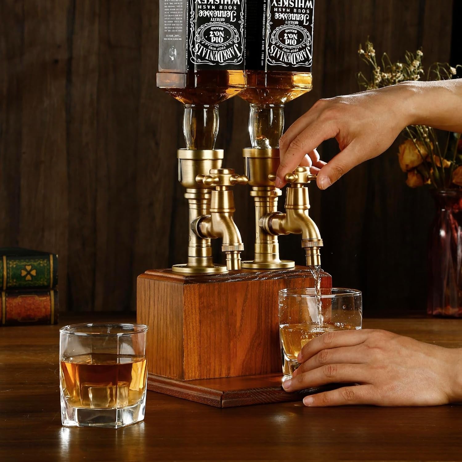 Drink Dispenser for Parties Bar Accessories Gifts for Husband Dad Man Cave Decor for Whiskey Lovers with Brass Tube &Wooden Base Suitable for Rum/Bourbon-2 Bottle