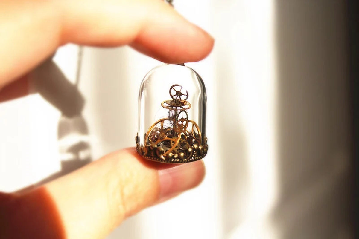 Steampunk Terrarium Necklace - Vintage Watch Gears in Glass Dome Bronze Antique Style Necklace