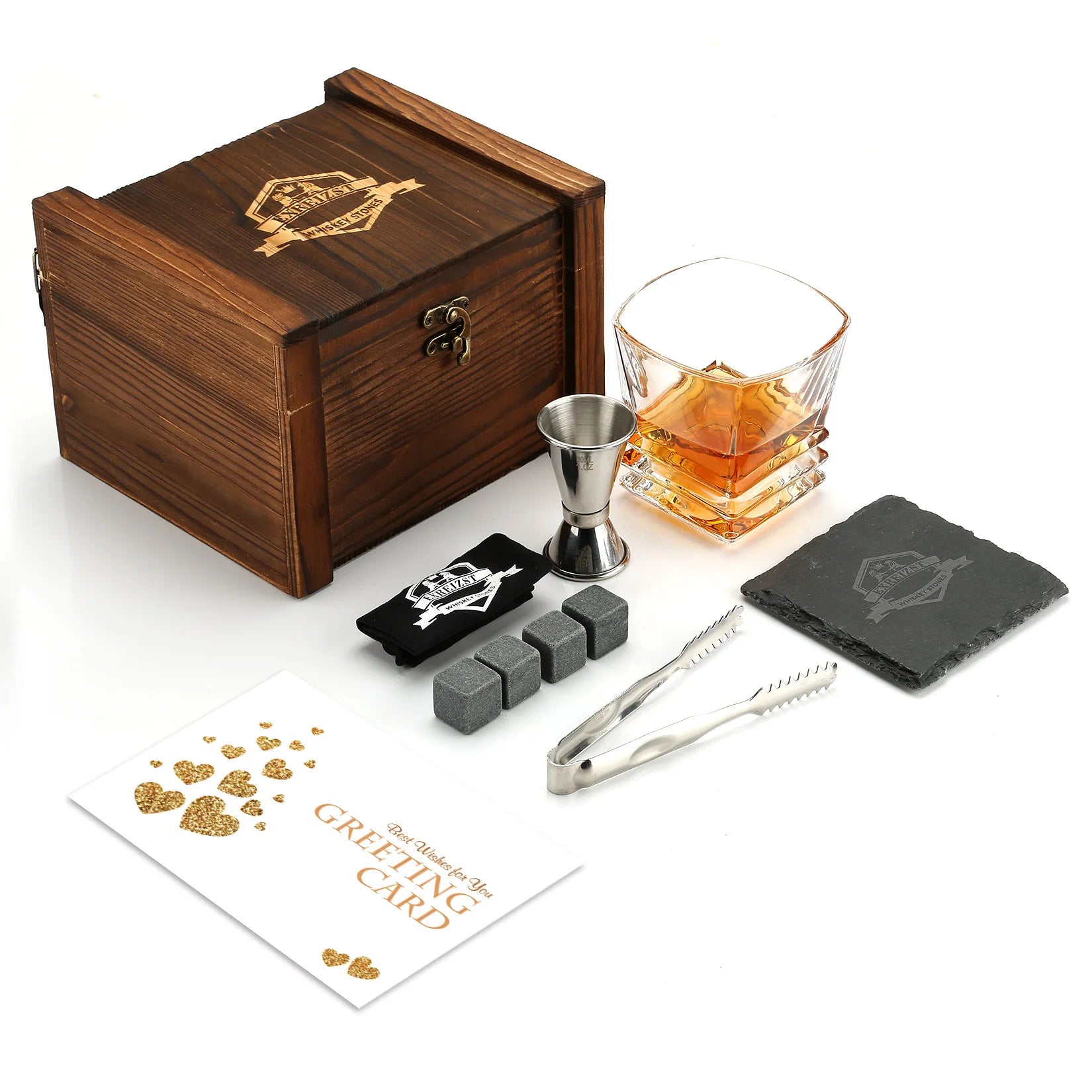 Whiskey Stones & Glasses Set, Granite Ice Cube for Whisky, Whisky Chilling Rocks in Wooden Box, Best Gift for Dad Husband Men