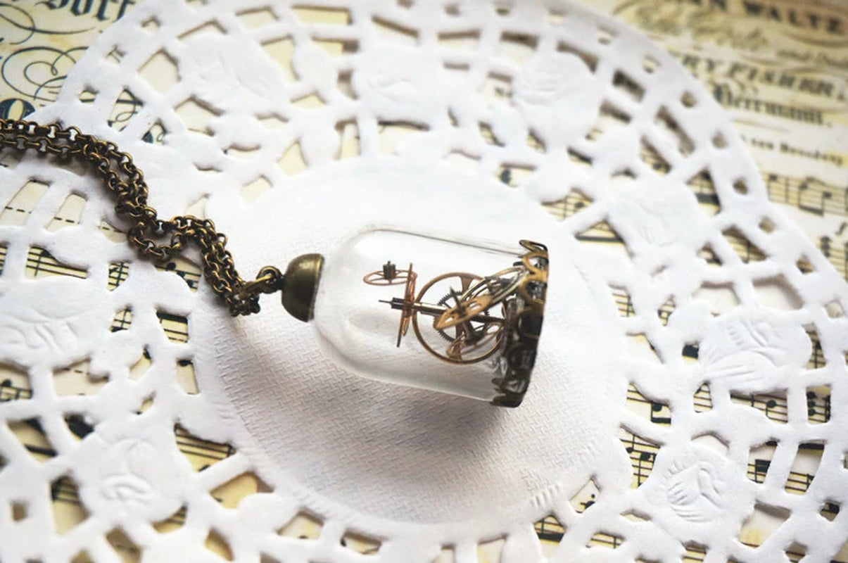 Steampunk Terrarium Necklace - Vintage Watch Gears in Glass Dome Bronze Antique Style Necklace