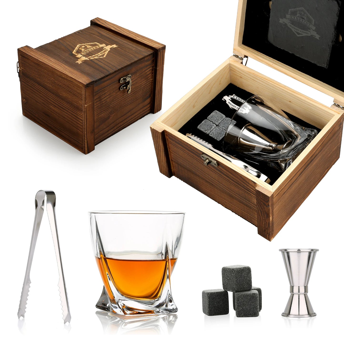 Whiskey Stones & Glasses Set, Granite Ice Cube for Whisky, Whisky Chilling Rocks in Wooden Box, Best Gift for Dad Husband Men