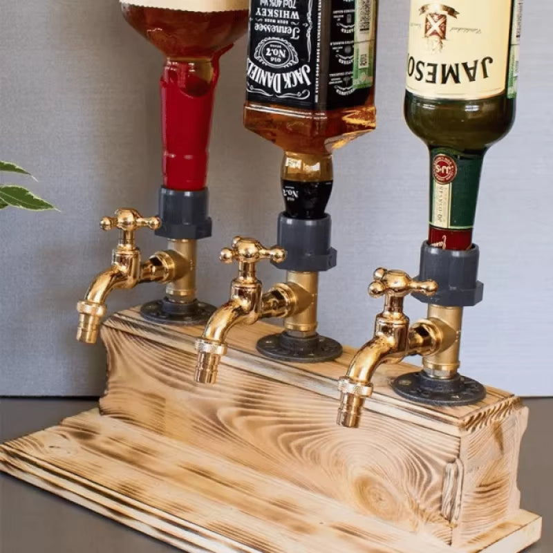 Whiskey Wood Dispenser Wood Alcohol Liquor Dispenser Solid Base Real Brass, Leakproof Smooth Pouring Dispenser for Home Bar Gift