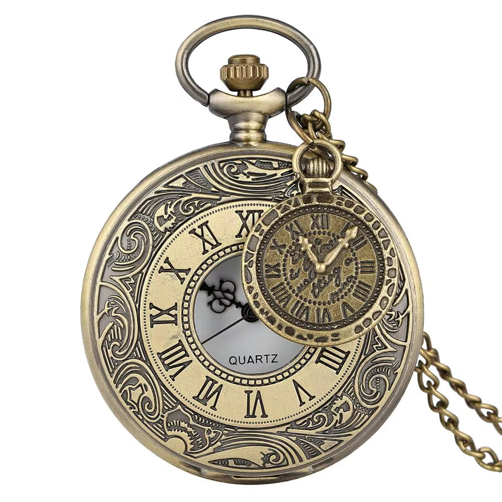 Vintage Antique Copper Steampunk Bronze Hollow Gear Quartz Pocket Watch Necklace Pendant Clock Chain Men Women with Accessory