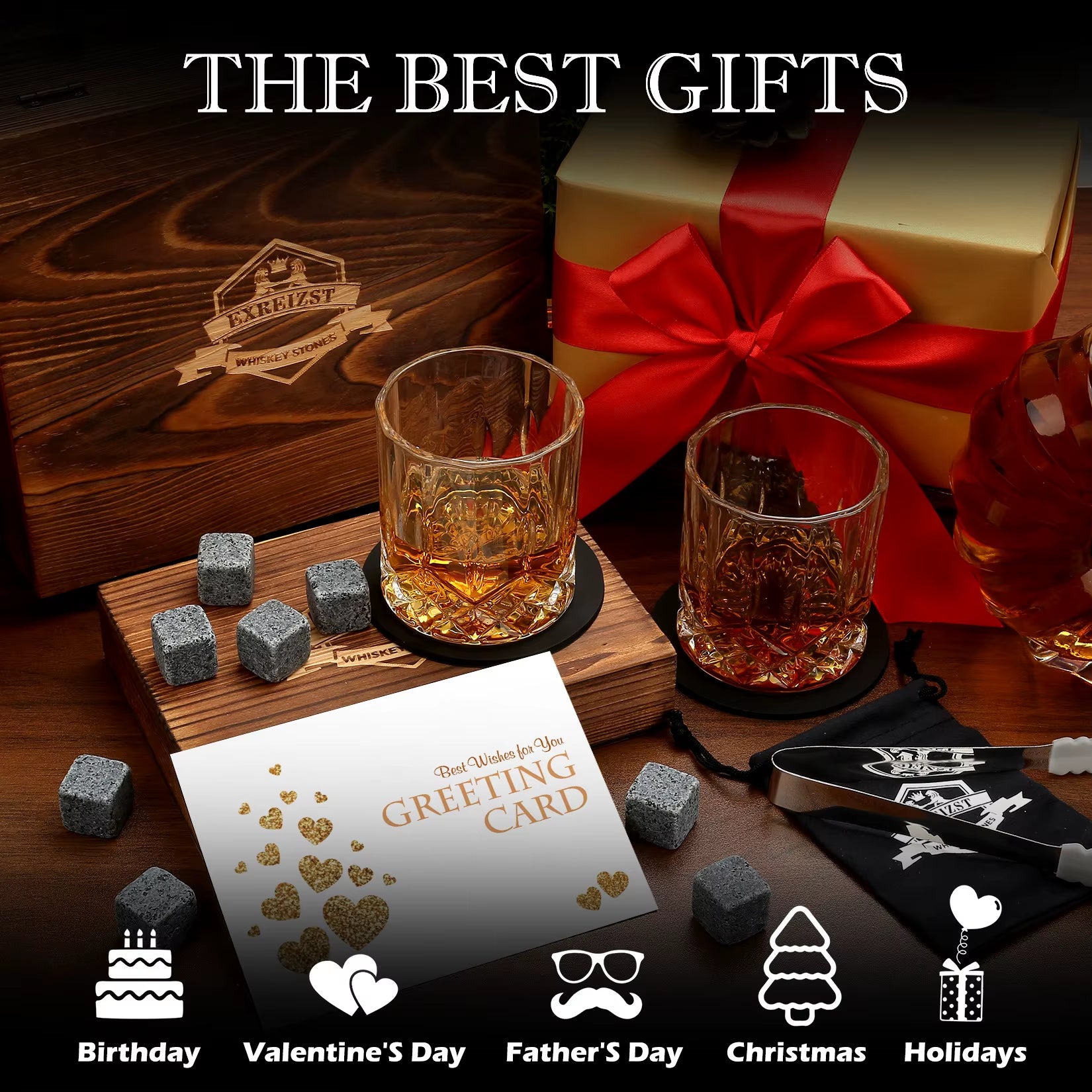 Whiskey Stones & Glasses Set, Granite Ice Cube for Whisky, Whisky Chilling Rocks in Wooden Box, Best Gift for Dad Husband Men