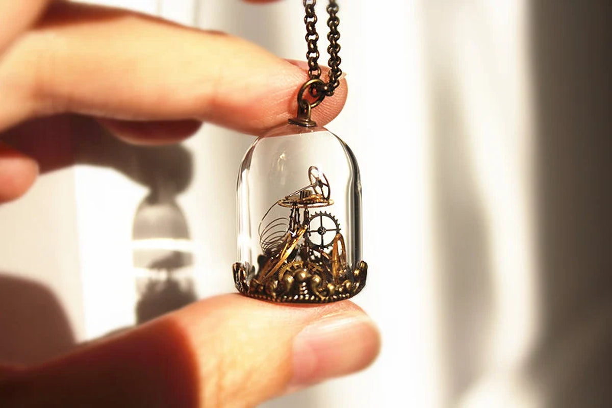 Steampunk Terrarium Necklace - Vintage Watch Gears in Glass Dome Bronze Antique Style Necklace