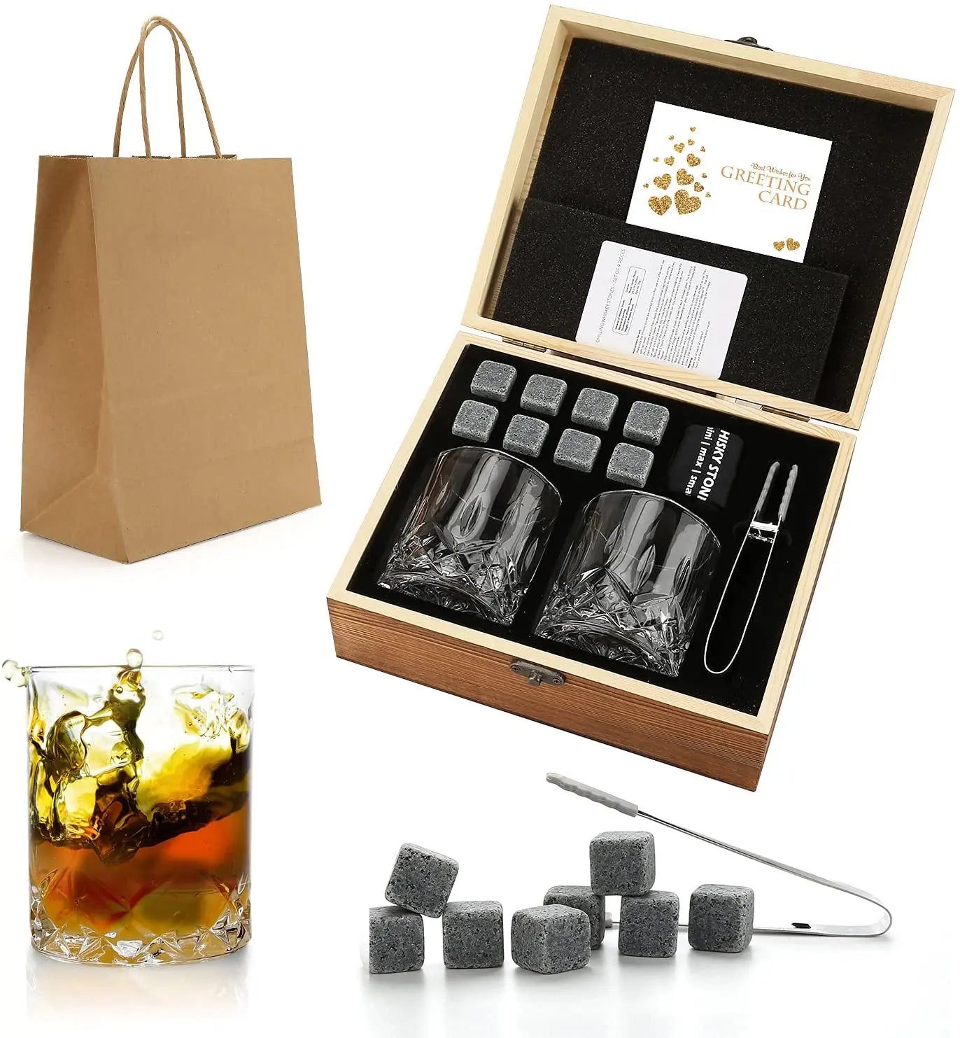 Whiskey Stones & Glasses Set, Granite Ice Cube for Whisky, Whisky Chilling Rocks in Wooden Box, Best Gift for Dad Husband Men