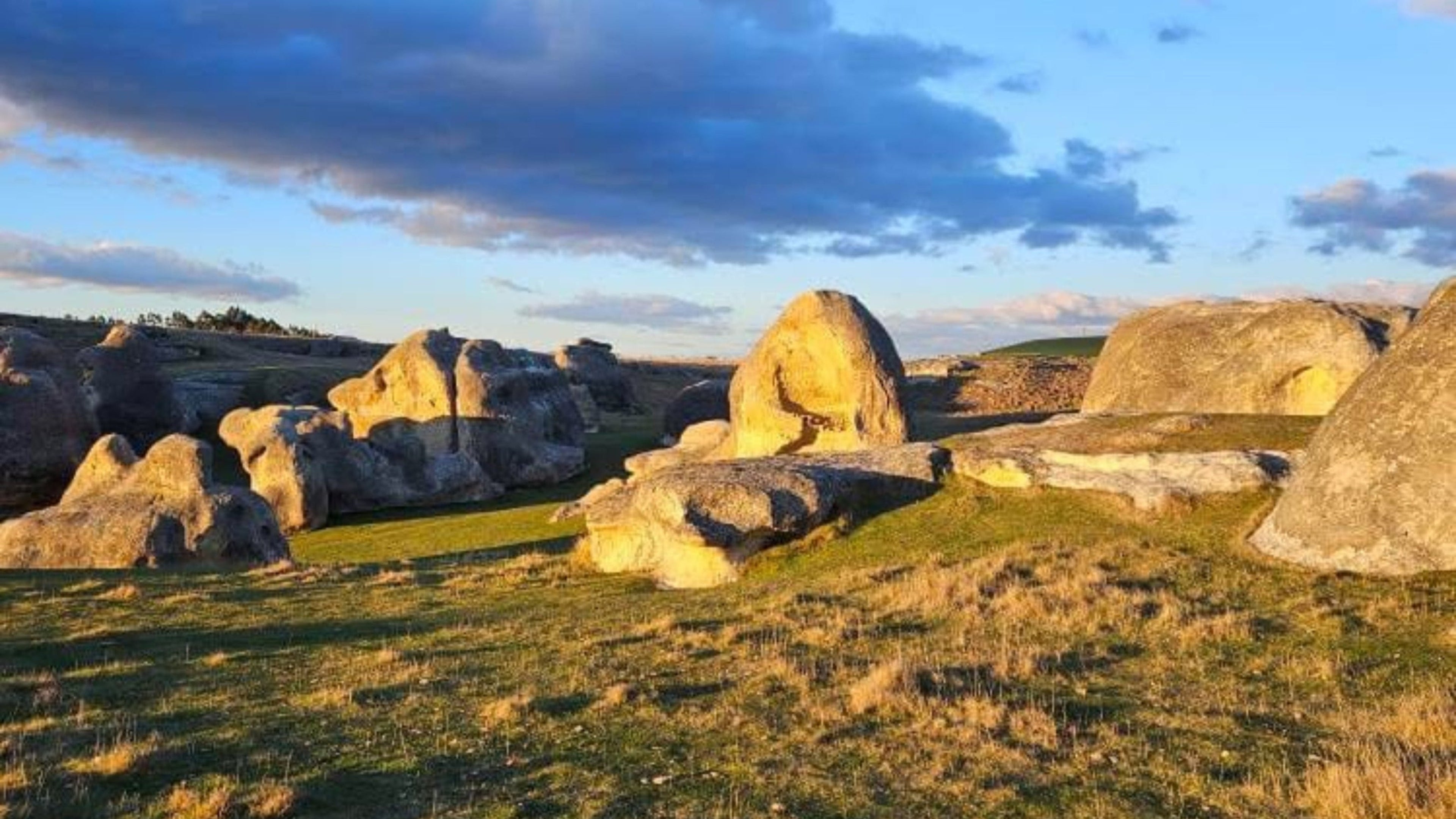 Panoramic view of limestone formations at Elephant Rocks, Duntroon, New Zealand."