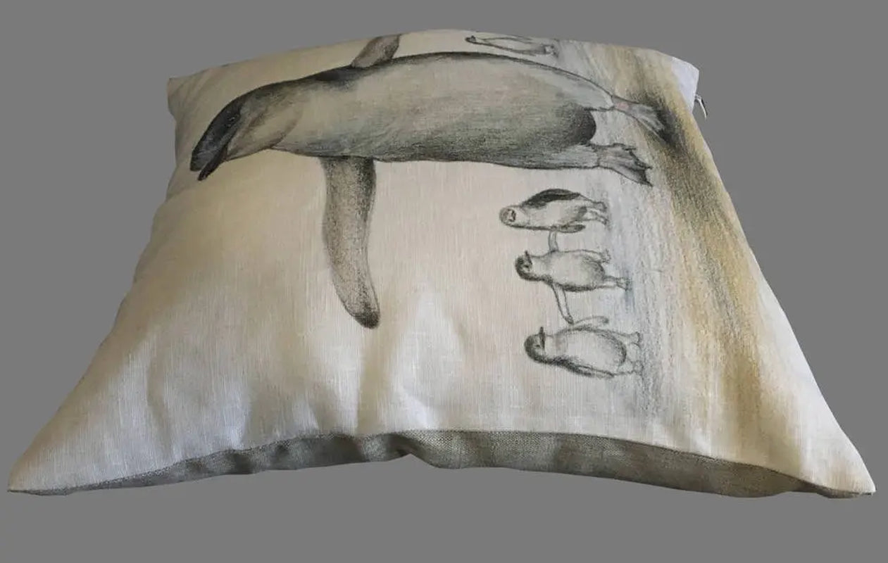 Cushion with Penguin Australian Wildlife Print on Linen 40Cm Square - Nature Homeware Gift Cute Little Fairy Penguin Happy Feet Beach