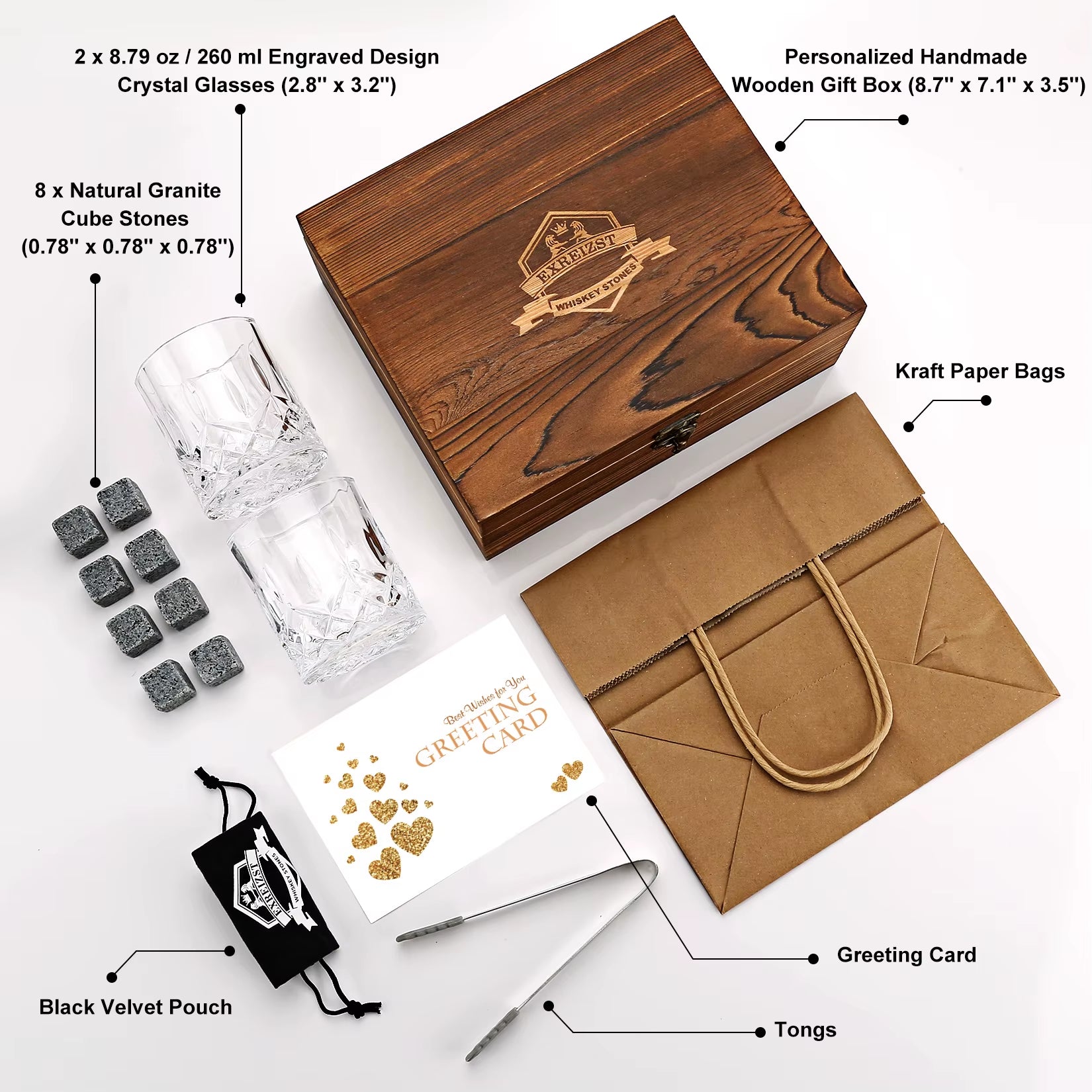 Whiskey Stones & Glasses Set, Granite Ice Cube for Whisky, Whisky Chilling Rocks in Wooden Box, Best Gift for Dad Husband Men