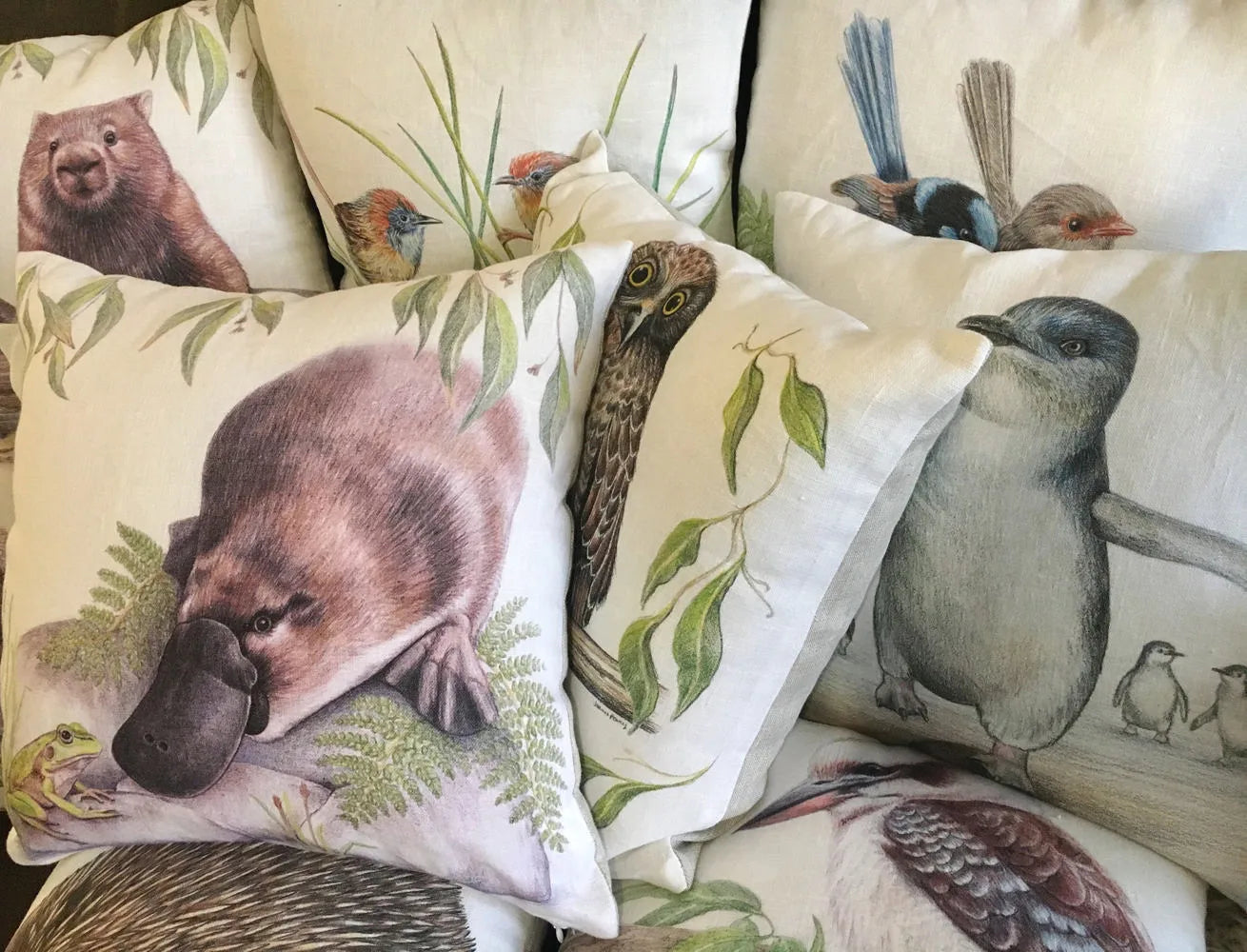 Cushion with Penguin Australian Wildlife Print on Linen 40Cm Square - Nature Homeware Gift Cute Little Fairy Penguin Happy Feet Beach