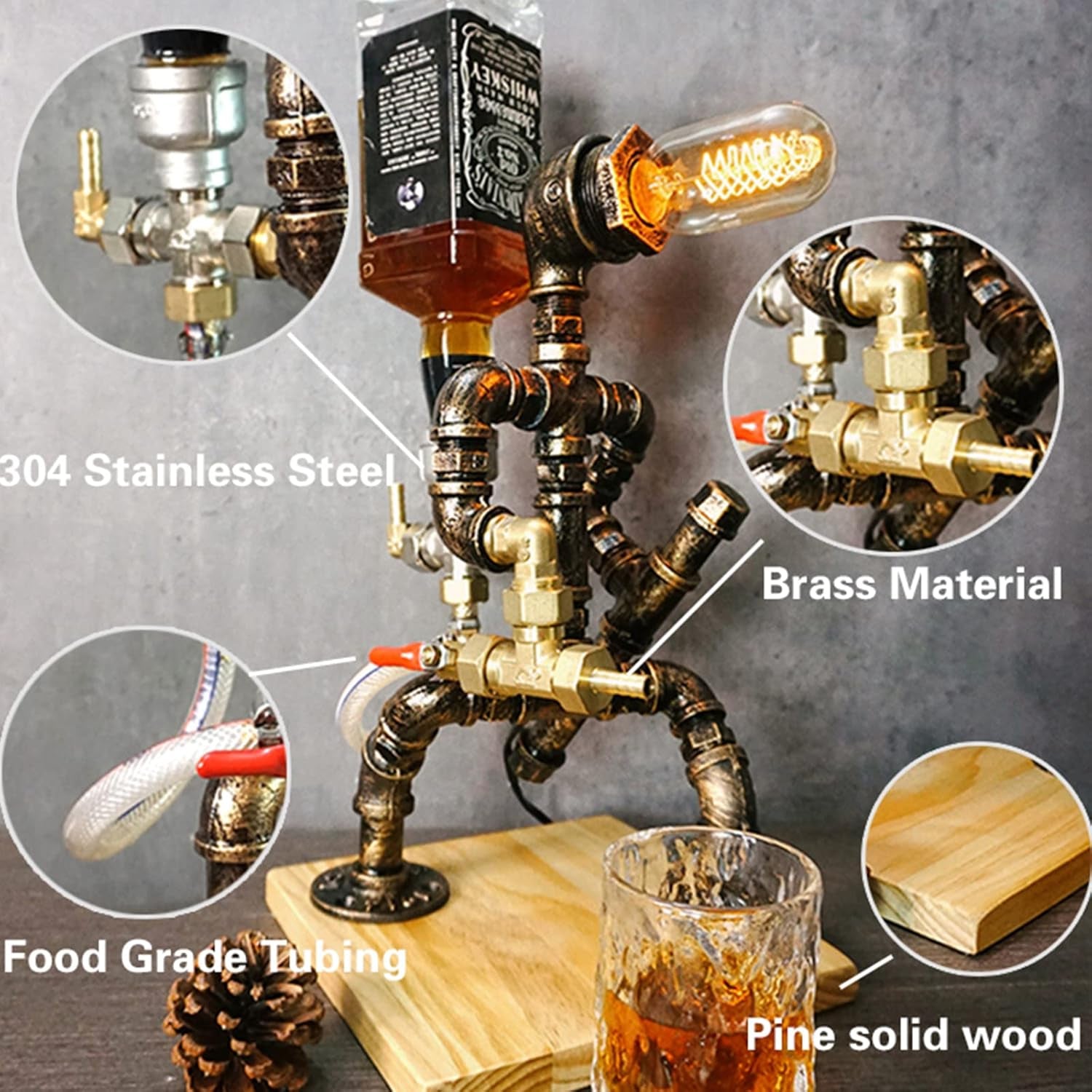 Handmade Steampunk Whiskey Liquor Dispenser for Men,Wooden Base Industrial Table Lamp,Fireman Pipe Robot Decor,Accessories for Home Bar Restaurant Cafe Art Party,Man Cave,Rustic Style