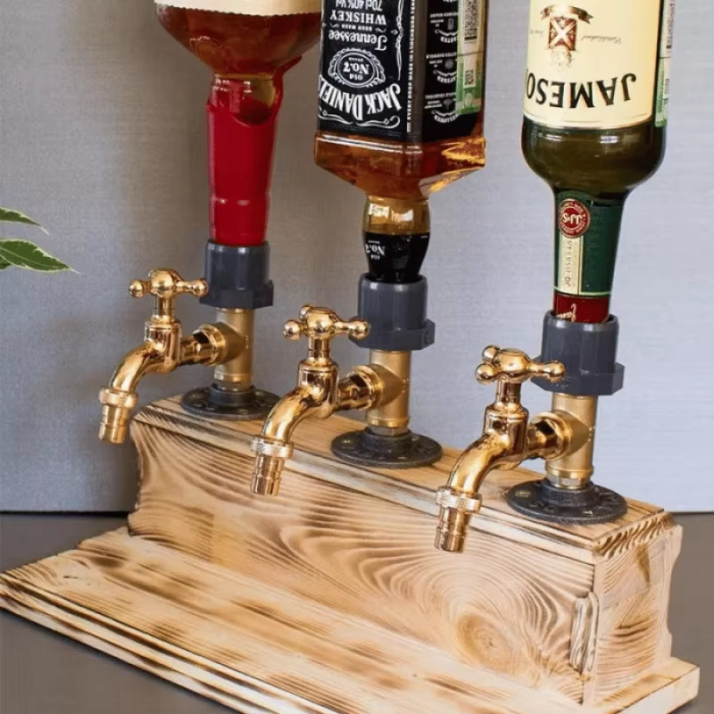 Whiskey Wood Dispenser Wood Alcohol Liquor Dispenser Solid Base Real Brass, Leakproof Smooth Pouring Dispenser for Home Bar Gift