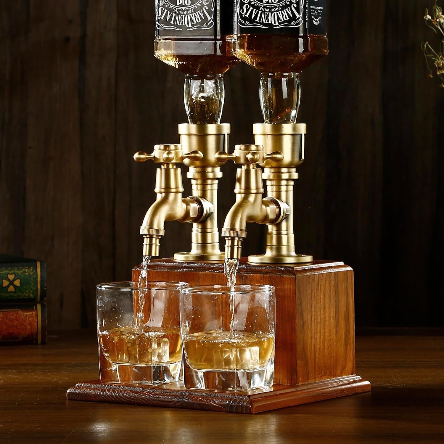 Drink Dispenser for Parties Bar Accessories Gifts for Husband Dad Man Cave Decor for Whiskey Lovers with Brass Tube &Wooden Base Suitable for Rum/Bourbon-2 Bottle