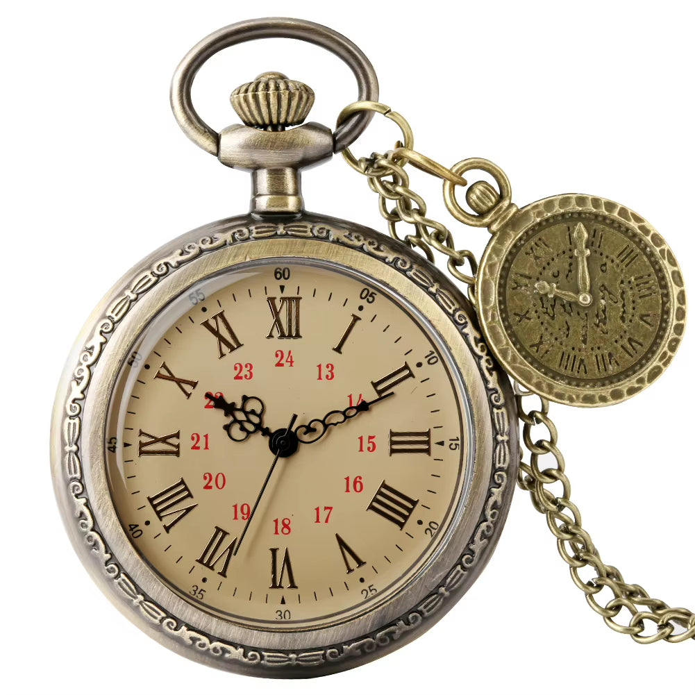 Vintage Antique Copper Steampunk Bronze Hollow Gear Quartz Pocket Watch Necklace Pendant Clock Chain Men Women with Accessory