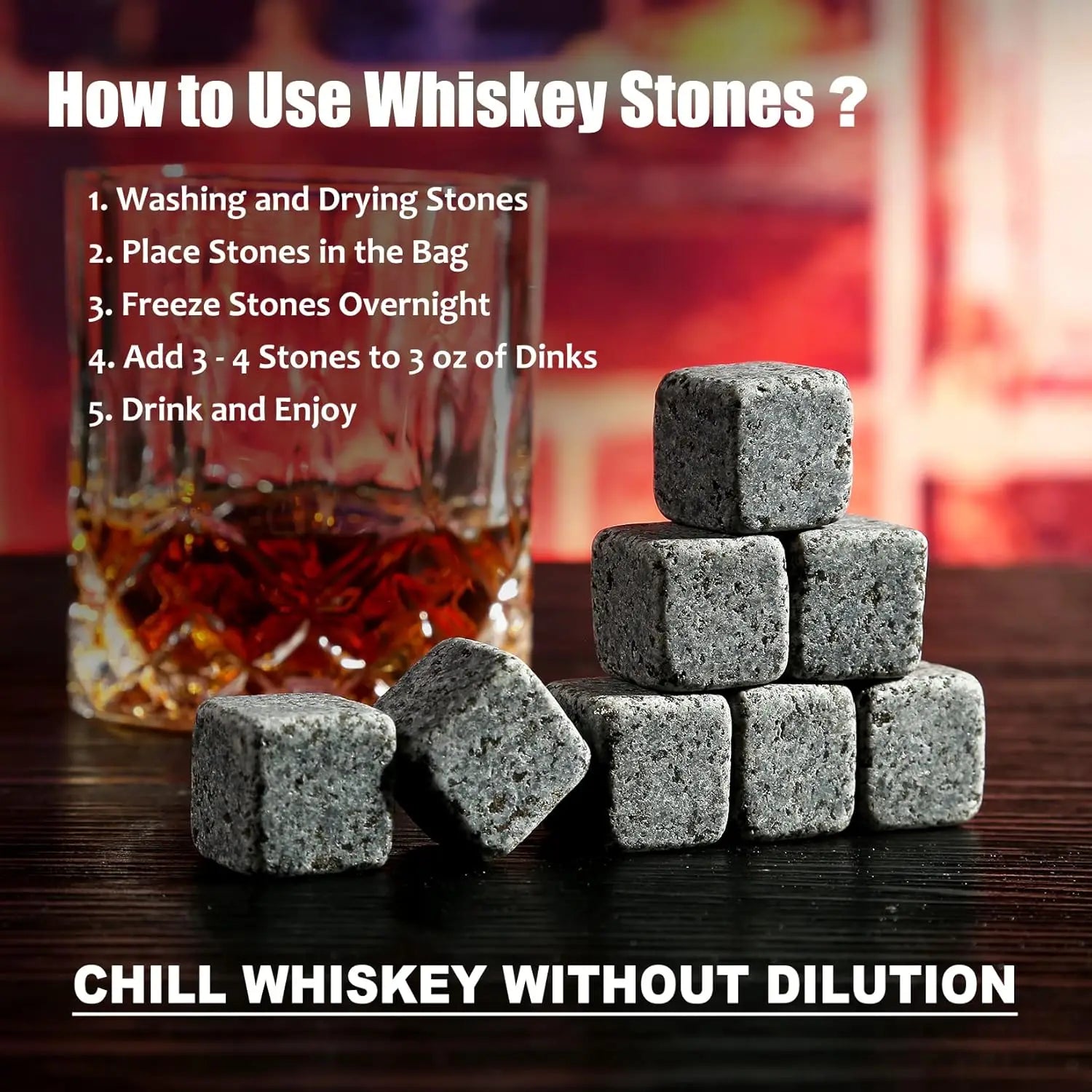 Whiskey Stones & Glasses Set, Granite Ice Cube for Whisky, Whisky Chilling Rocks in Wooden Box, Best Gift for Dad Husband Men