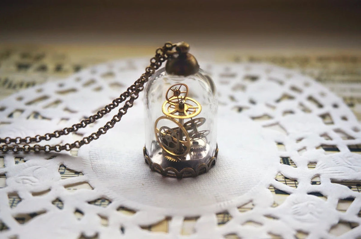 Steampunk Terrarium Necklace - Vintage Watch Gears in Glass Dome Bronze Antique Style Necklace