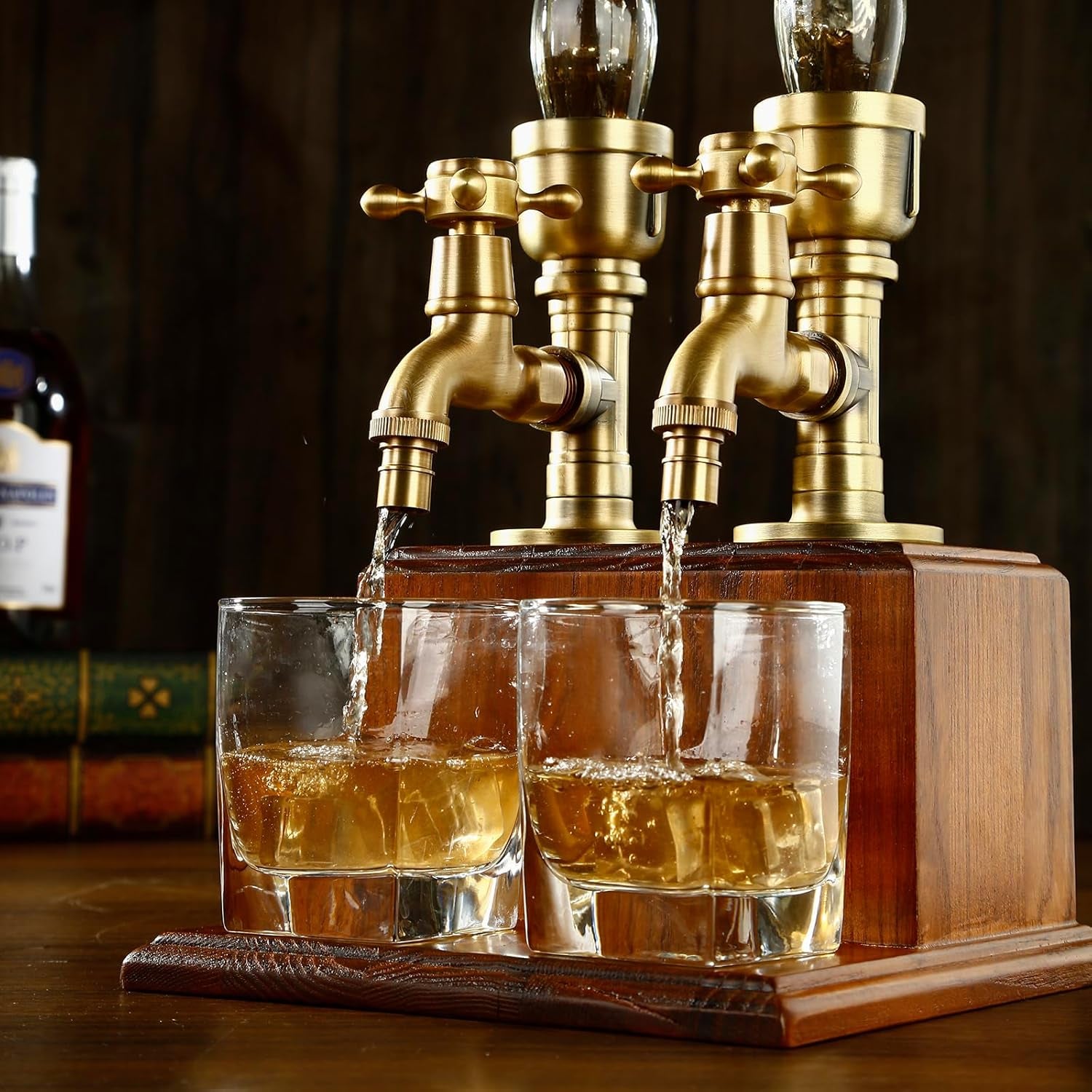 Drink Dispenser for Parties Bar Accessories Gifts for Husband Dad Man Cave Decor for Whiskey Lovers with Brass Tube &Wooden Base Suitable for Rum/Bourbon-2 Bottle