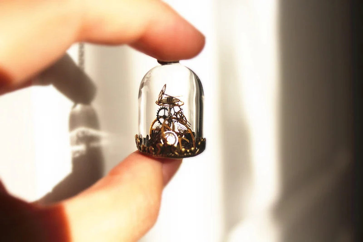 Steampunk Terrarium Necklace - Vintage Watch Gears in Glass Dome Bronze Antique Style Necklace