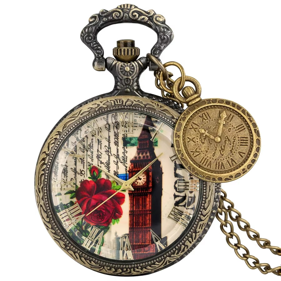 Vintage Antique Copper Steampunk Bronze Hollow Gear Quartz Pocket Watch Necklace Pendant Clock Chain Men Women with Accessory