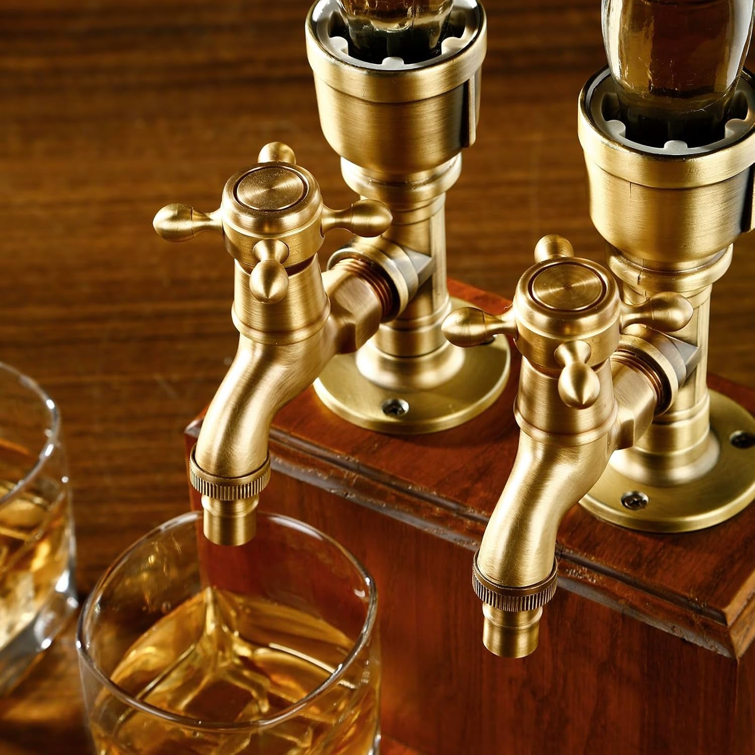 Drink Dispenser for Parties Bar Accessories Gifts for Husband Dad Man Cave Decor for Whiskey Lovers with Brass Tube &Wooden Base Suitable for Rum/Bourbon-2 Bottle