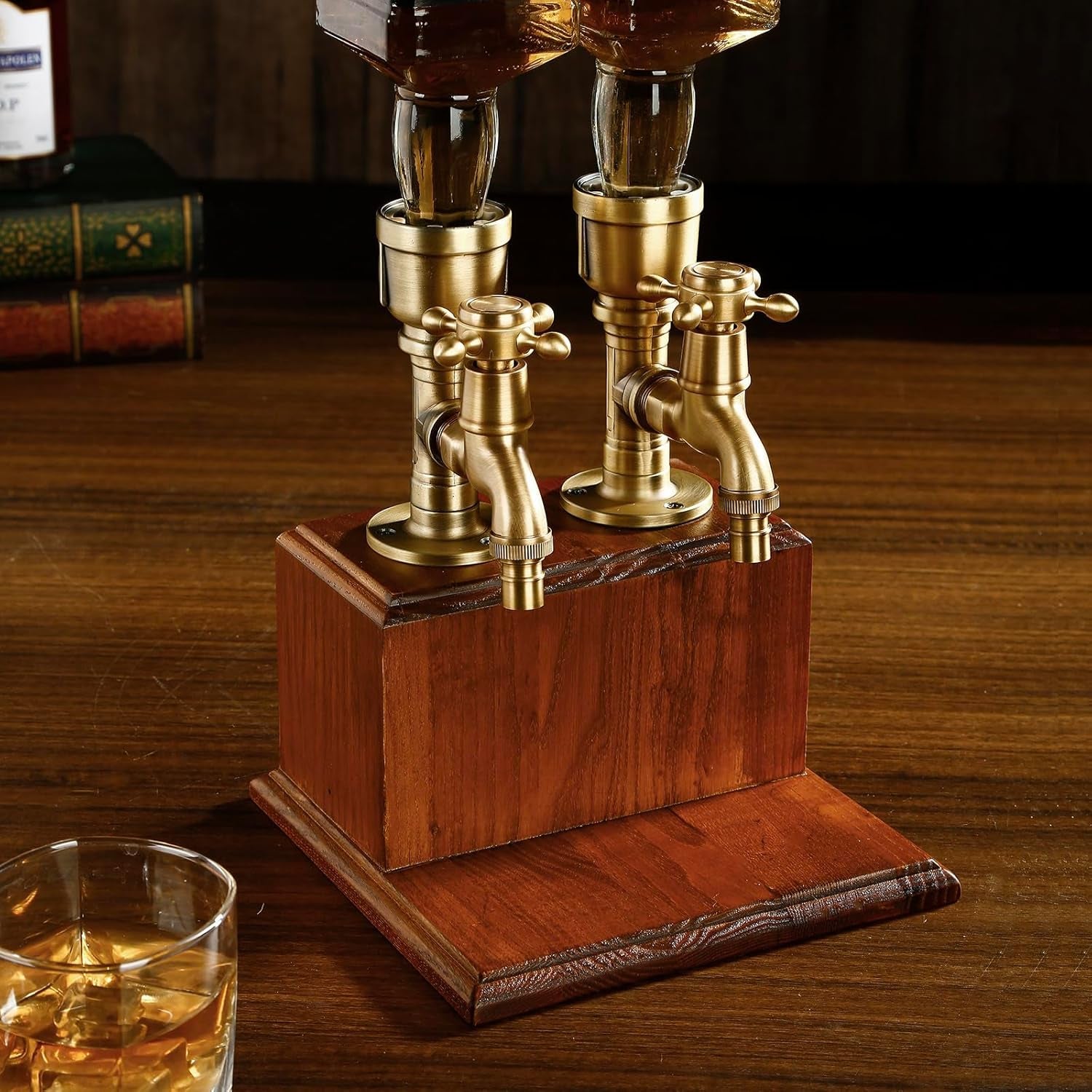 Drink Dispenser for Parties Bar Accessories Gifts for Husband Dad Man Cave Decor for Whiskey Lovers with Brass Tube &Wooden Base Suitable for Rum/Bourbon-2 Bottle