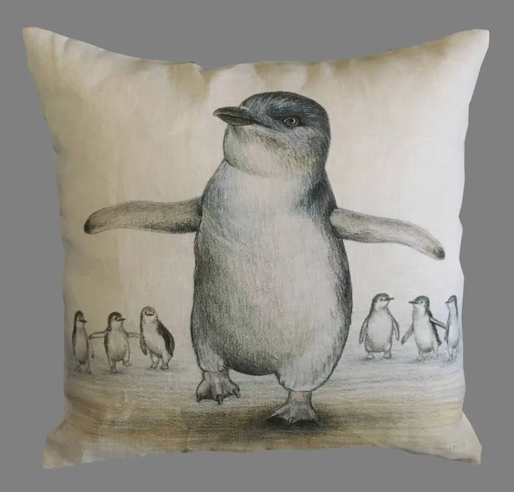 Cushion with Penguin Australian Wildlife Print on Linen 40Cm Square - Nature Homeware Gift Cute Little Fairy Penguin Happy Feet Beach