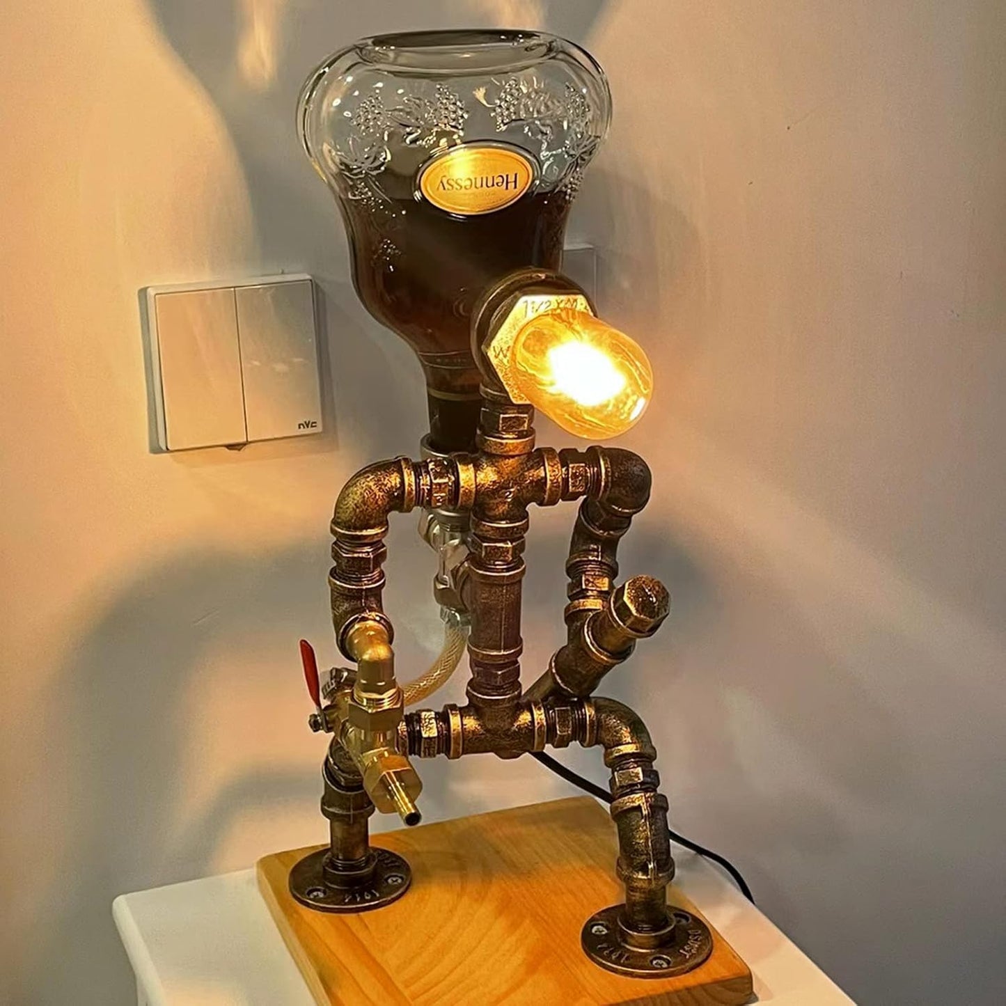 Handmade Steampunk Whiskey Liquor Dispenser for Men,Wooden Base Industrial Table Lamp,Fireman Pipe Robot Decor,Accessories for Home Bar Restaurant Cafe Art Party,Man Cave,Rustic Style