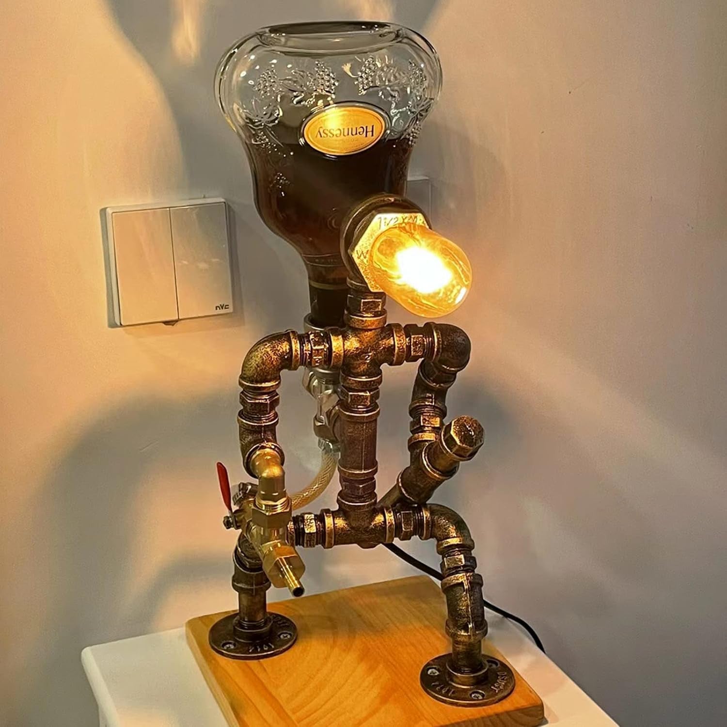 Handmade Steampunk Whiskey Liquor Dispenser for Men,Wooden Base Industrial Table Lamp,Fireman Pipe Robot Decor,Accessories for Home Bar Restaurant Cafe Art Party,Man Cave,Rustic Style
