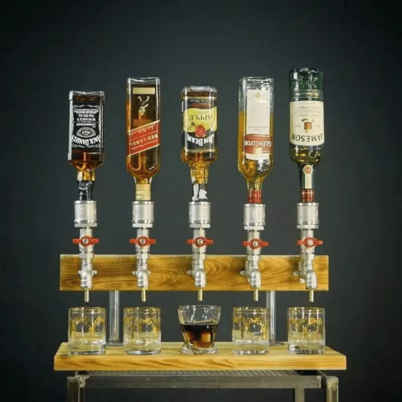 Whiskey Wood Dispenser Wood Alcohol Liquor Dispenser Solid Base Real Brass, Leakproof Smooth Pouring Dispenser for Home Bar Gift