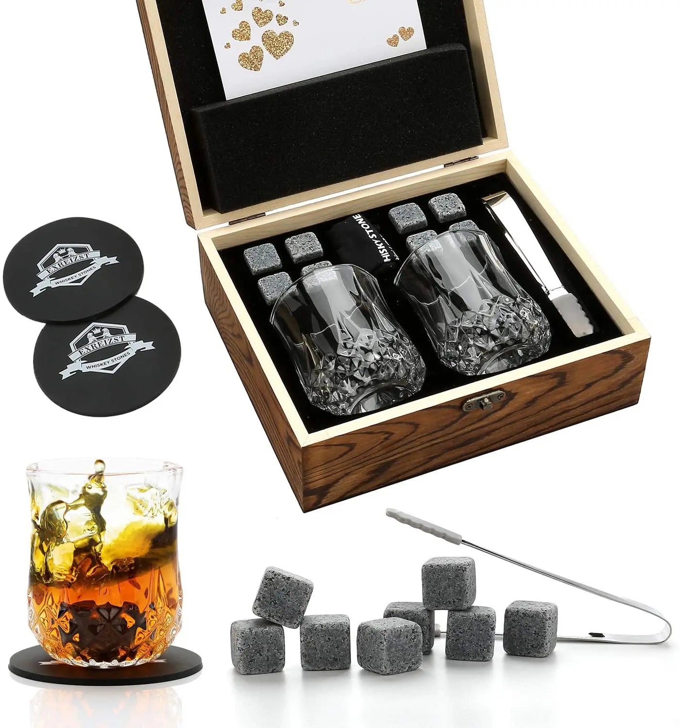 Whiskey Stones & Glasses Set, Granite Ice Cube for Whisky, Whisky Chilling Rocks in Wooden Box, Best Gift for Dad Husband Men